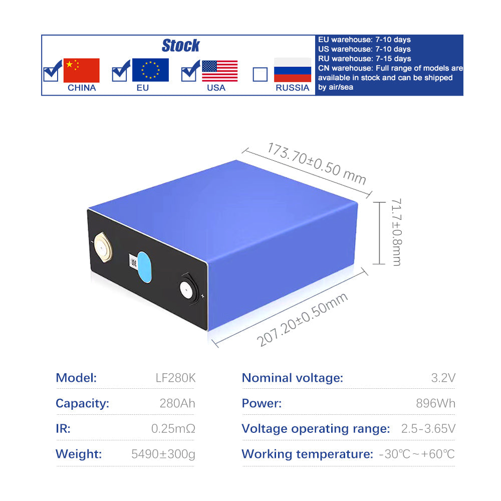 EU Stock 4Pcs EVE 3.2V 280Ah Lifepo4 CELL Grade A LF280K Long Cycle Life For Solar System Boat RV