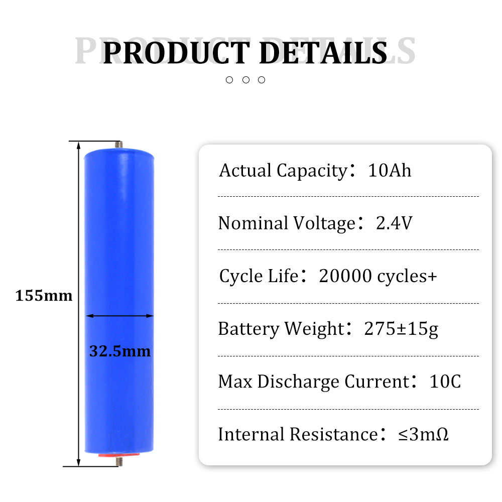 LTO 2.4V 10A Lithium Titanate Battery Cell Grade A 32145 Cylindrical LTO Cell 20000 Cycles for DIY 12V 24V 48V Car Audio